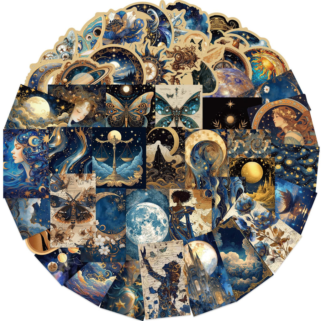 50pcs Celestial Sticker Set Laptop Stickers Planet Space Halloween Party Favors Holiday Stickers Party Decoration Retro Galaxy Moon Stickers for DIY Scrapbook Journal