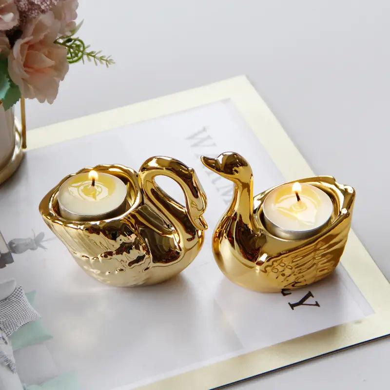 Golden Ceramic Swan Candle Holder for Romantic Decor