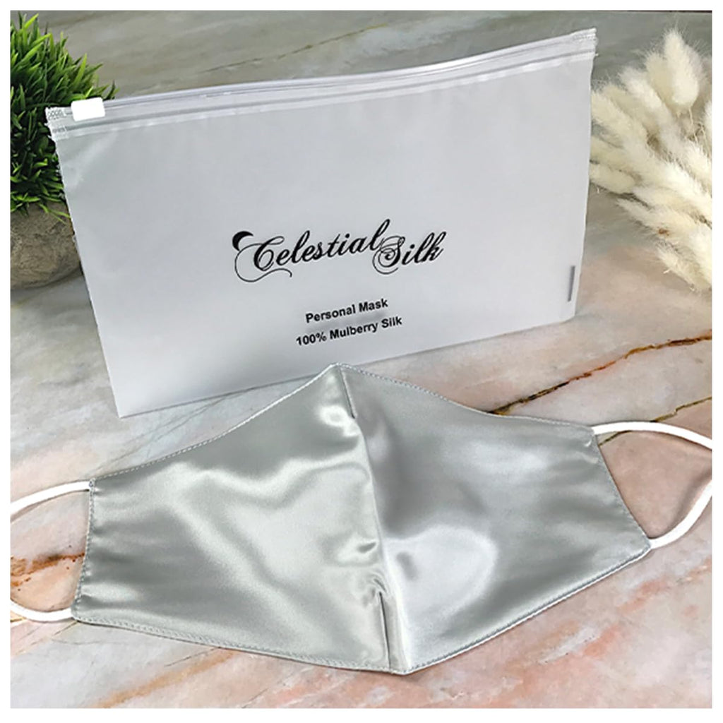 Celestial Silk Premium 22 Momme Silk Face Mask Reusable and Washable Anti Dust Mouth Cover with Adjustable Ear Loops Women (Regular Silver)