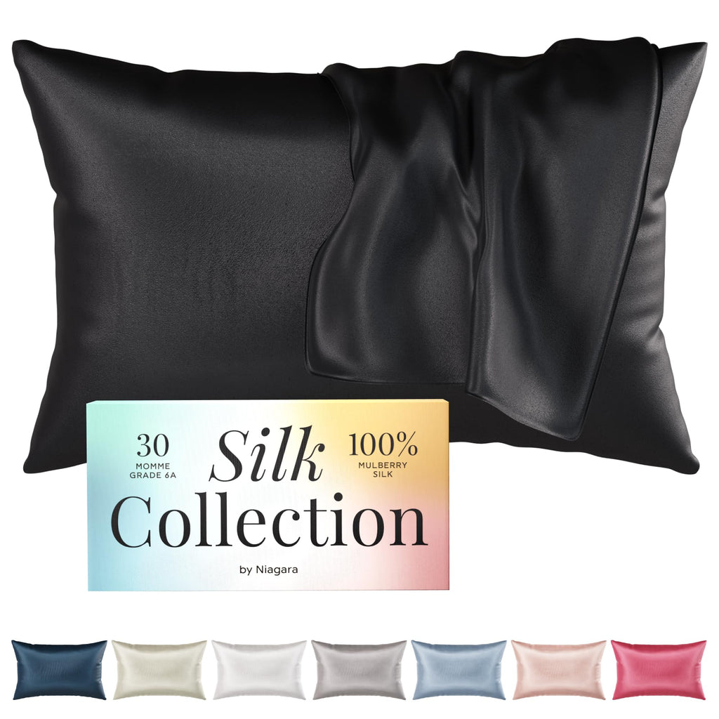100% Mulberry Silk Pillowcase - 30 Momme Silk Pillow case for Hair and Skin - Grade 6A Silk Pillow Cases with Zipper - Soft & Cooling Black Silk Pillowcase Standard Size (20"x26")